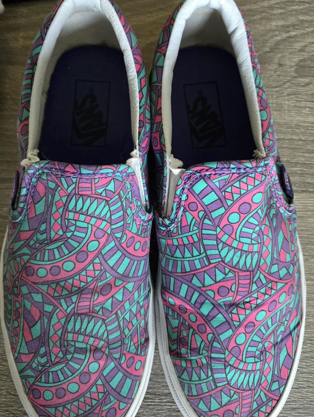 Vans Slip-On Sneakers in Pink & Teal Geometric Pattern